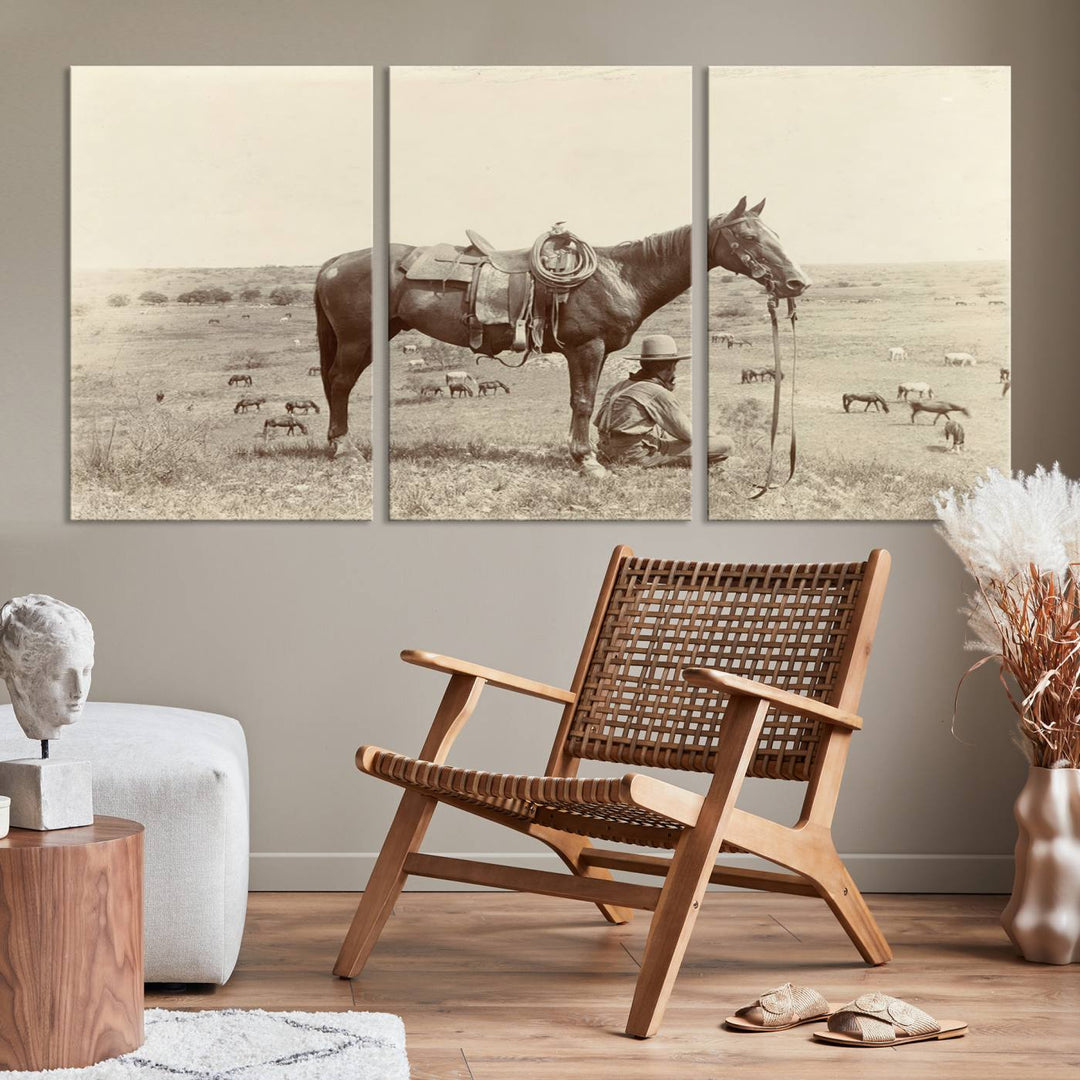 The "Serene Cowboy and Horse Resting on the Prairie" canvas print beautifully captures the essence of the American West, featuring a vintage cowboy resting under his horse in a grassy field with grazing cattle. This ready-to-hang western wall art adds a touch of nostalgia to any space.