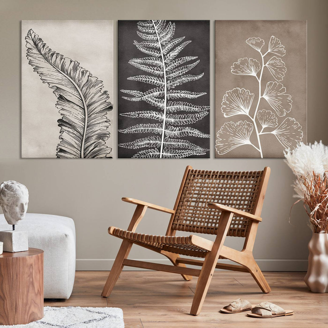 Botanical Leaf Art Collection - 3-Panel Wall Art Canvas Print, Framed and Ready to Hang - Nature-Inspired Home Decor 