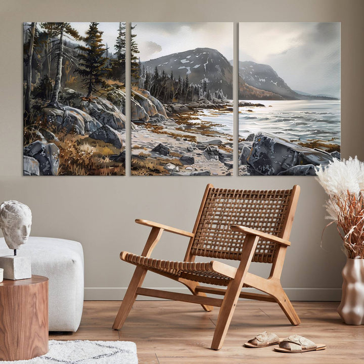 The stunning Serene Coastal View of Acadia National Park is a 3-panel wall art canvas print that beautifully captures a tranquil mountain and lake scene.