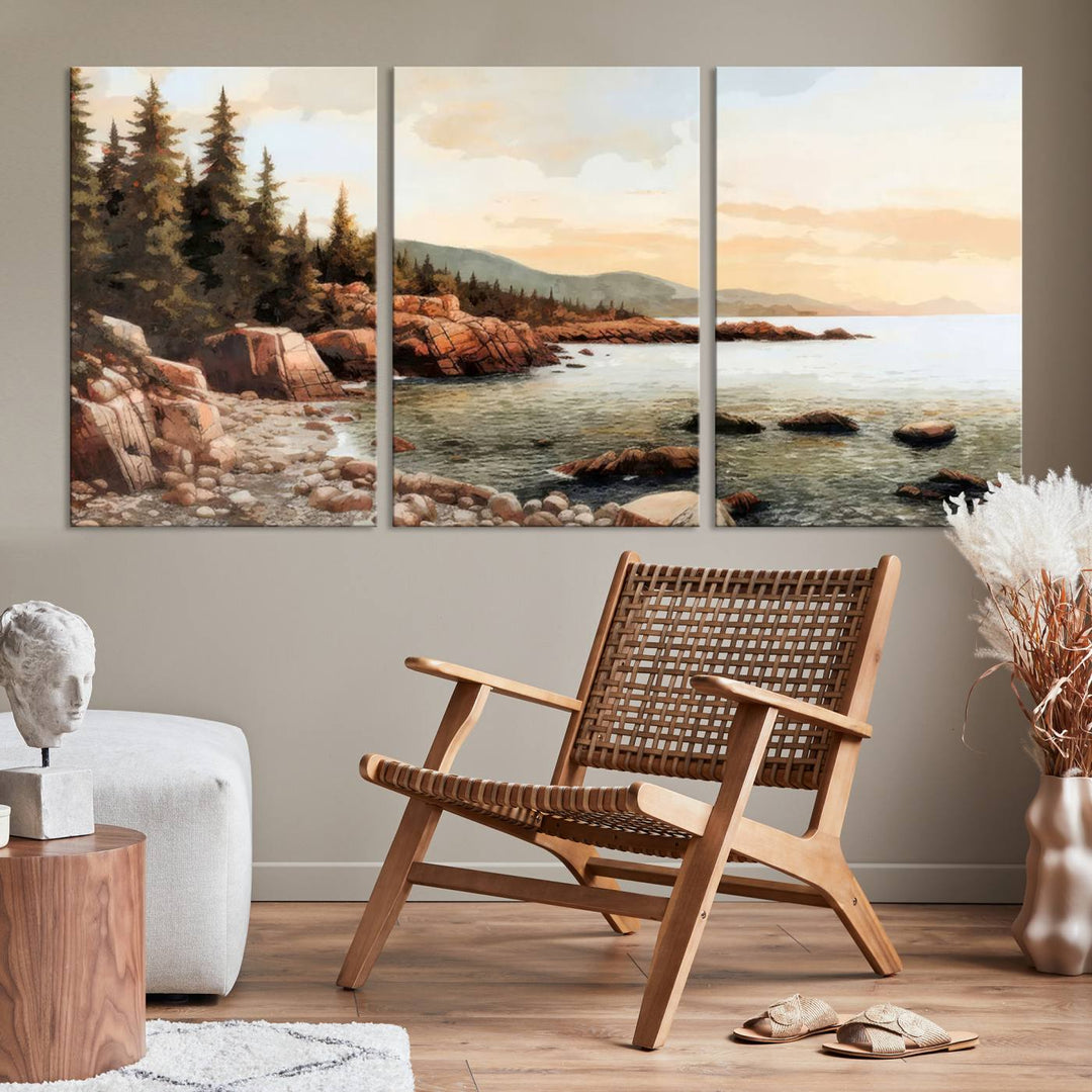 Serene Coastal View of Acadia National Park - Stunning 3-Panel Wall Art Canvas Print, Framed, Ready to Hang