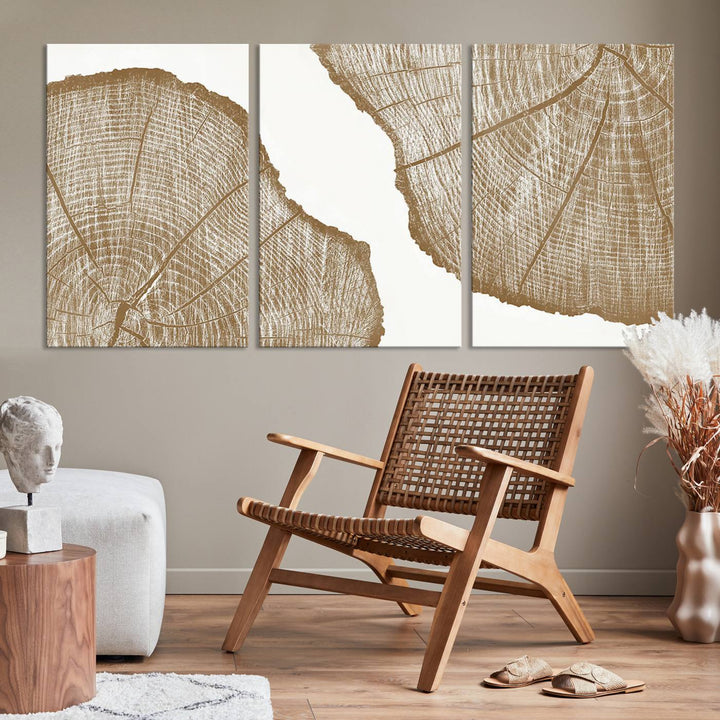 The "Rustic Brown Tree Ring Wall Art Canvas Print" in the living room adds an elegant, nature-inspired touch to the space.