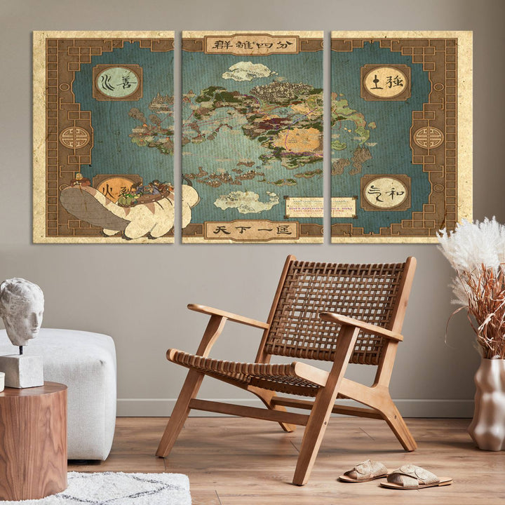 Hanging above is the Avatar: The Last Airbender Vintage Map - Wall Art Canvas Print, framed and ready to hang, showcasing an enchanting glimpse into the iconic four nations design.