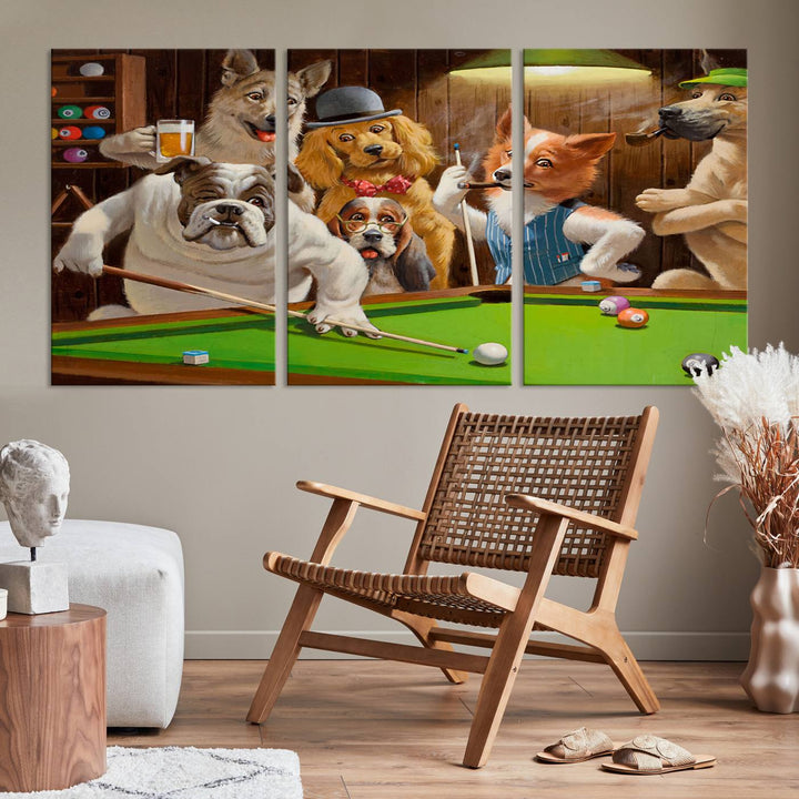 The "Dogs Playing Pool Canvas Wall Art" features a whimsical scene of dogs dressed as humans playing pool in a bar, presented as a three-panel display with a gallery-quality finish.