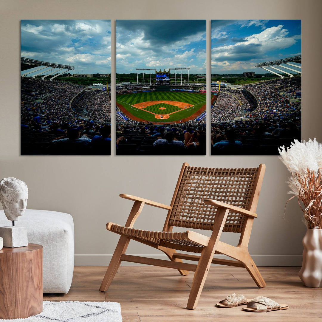 Kauffman Stadium Day Game Triple Canvas Wall Art - Kansas City Royals MLB Match