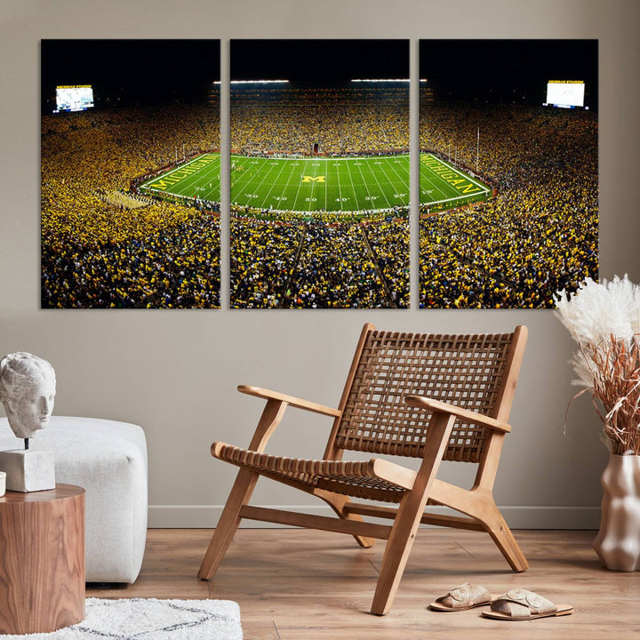 Michigan Wolverines Football Team Print - Michigan Stadium Night Game Triple Canvas Wall Art - University of Michigan Football Match