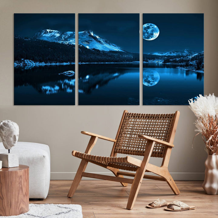 Blue Moon Mountain Lake Landscape Framed Wall Art Canvas Print