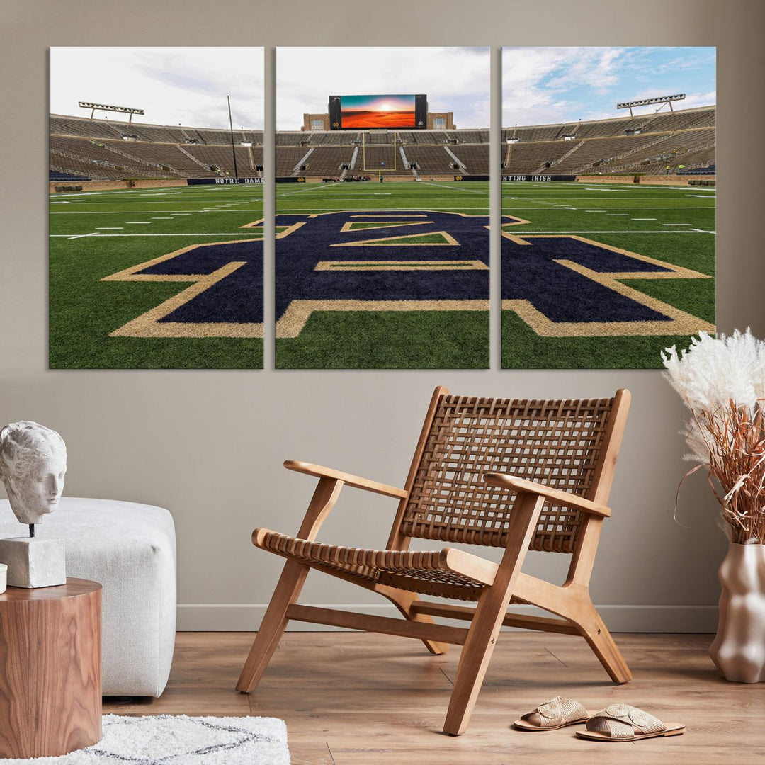 Notre Dame Stadium Giclee Canvas Print | Triptych Wall Art Featuring Iconic Notre Dame Football Field | Ready-to-Hang Sports Stadium Decor