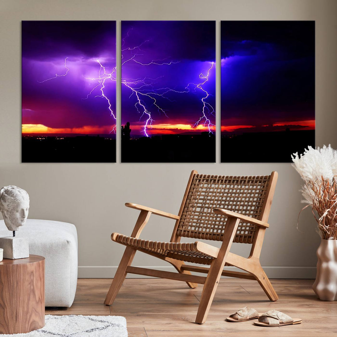 Electrifying Sunset Thunderstorm Canvas Print – Dramatic Lightning and Vibrant Sunset Wall Art