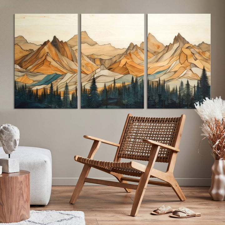 Rustic Wood Style Mountain Wall Art Print | Triptych Giclee Print Featuring Handcrafted Forest and Mountain Range Design | Framed Ready-to-Hang Print