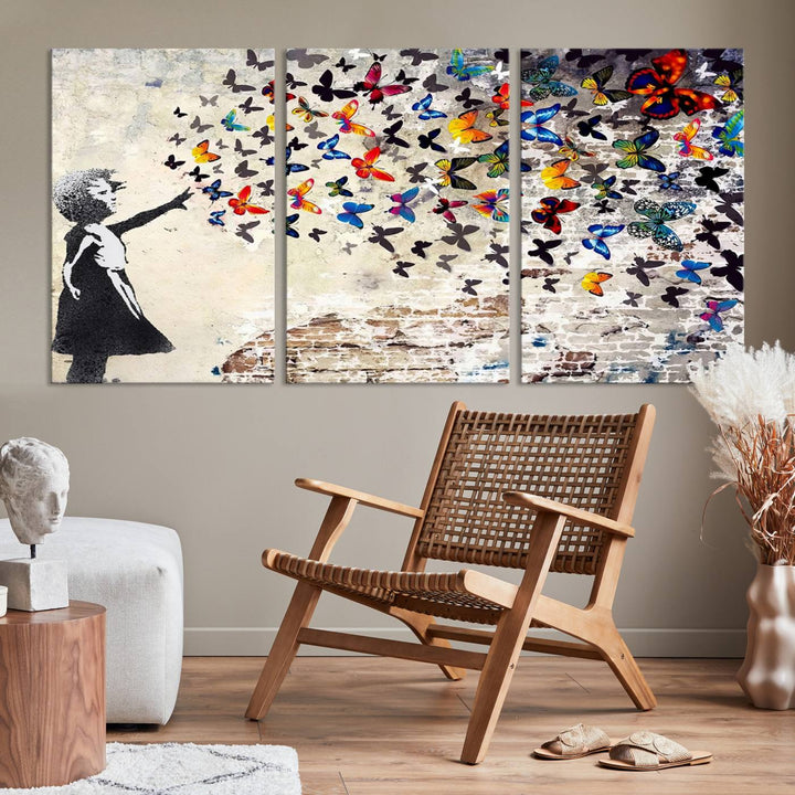 Banksy Style Girl with Butterflies Wall Art - Beautiful Framed Ready-to-Hang Triptych Canvas - Vibrant Butterfly Street Art for Modern Decor