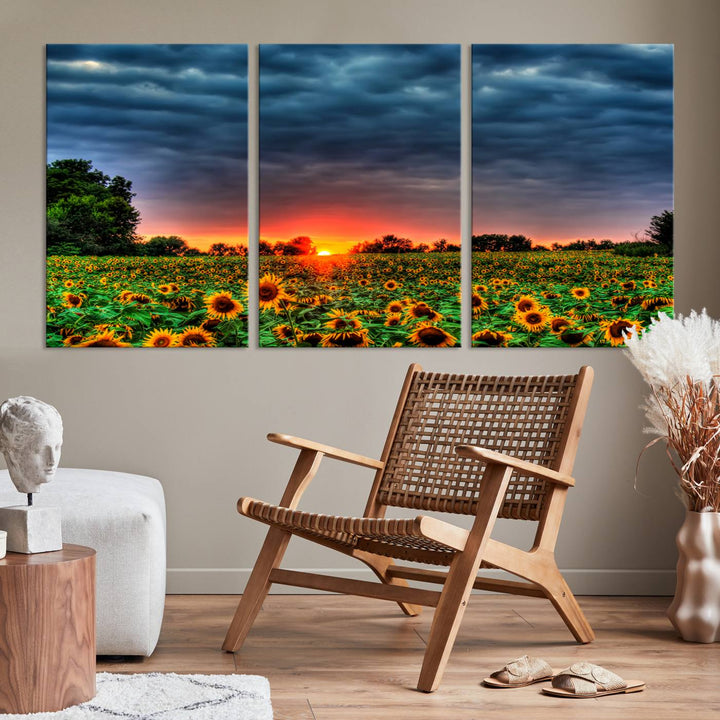 Golden Sunflower Field at Sunset – Breathtaking Sky and Vibrant Flowers, Ready to Hang Wall Art Canvas Print