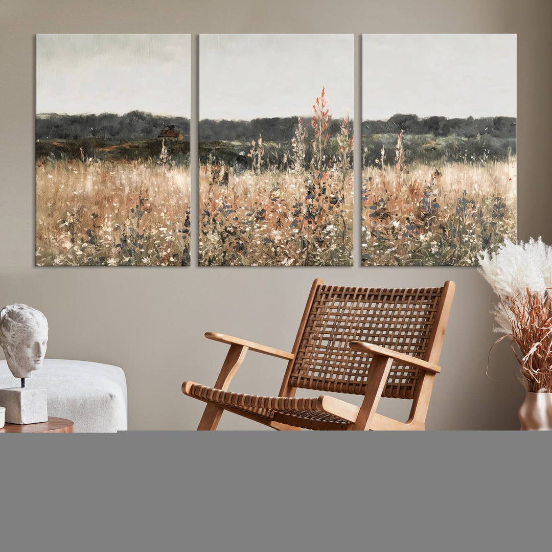 Rustic Field Landscape Triptych, Giclee Canvas Wall Art for Modern Homes, Warm Meadow and Wildflower Art Print, Large Nature Inspired Canvas Print