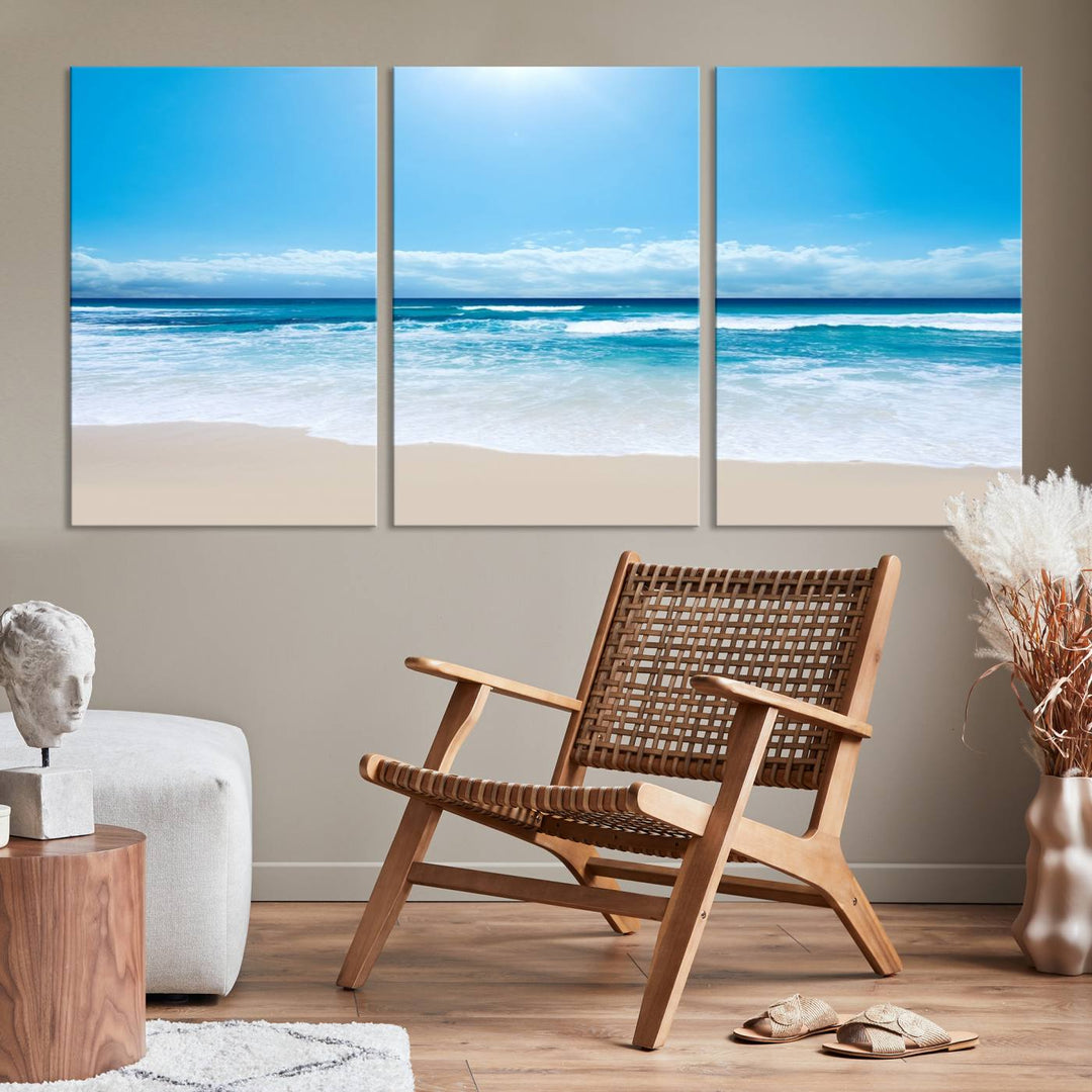 Wall Art Canvas Print Shiny Blue Sea and Beach