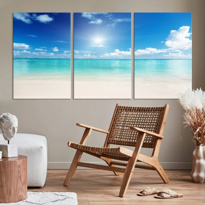 A contemporary living room showcasing the Wall Art Canvas Light Blue Beach and Ocean View.