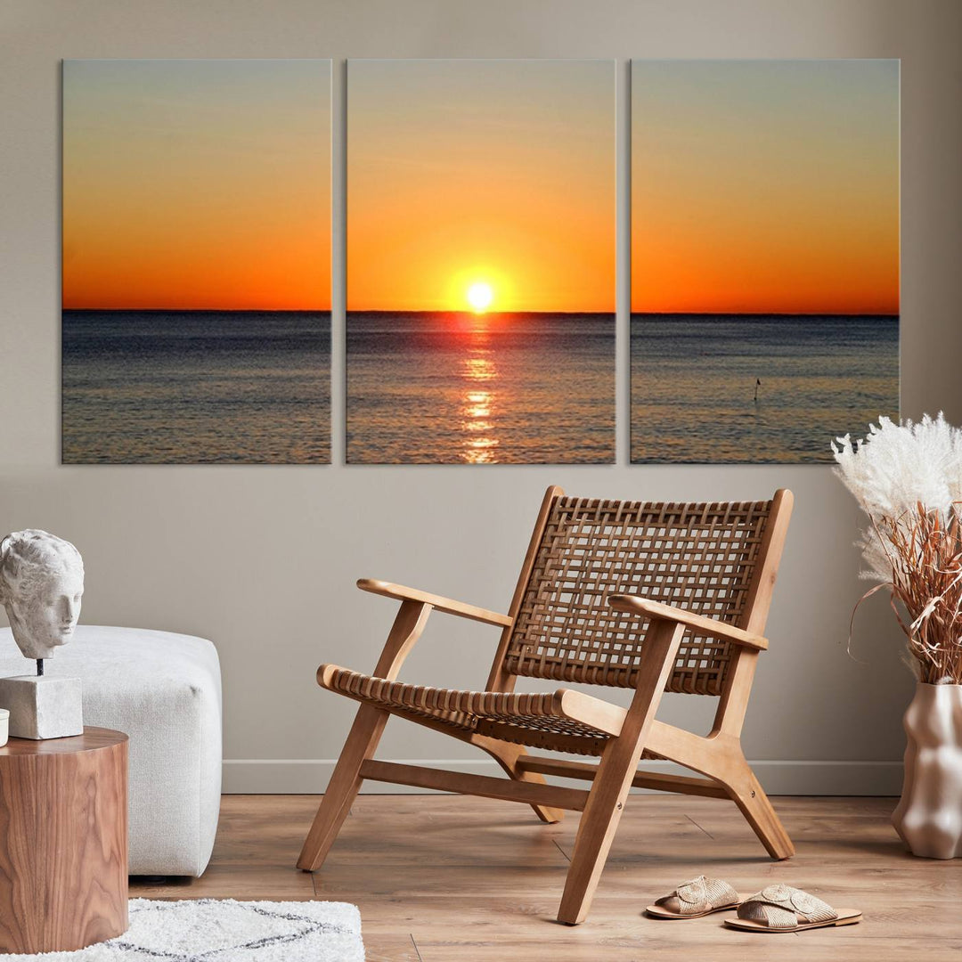 Golden Horizon Sunset Over Ocean Wall Art Canvas Print – Tropical Beach Canvas Wall Art – Giclee Print for Coastal Theme Decor Print