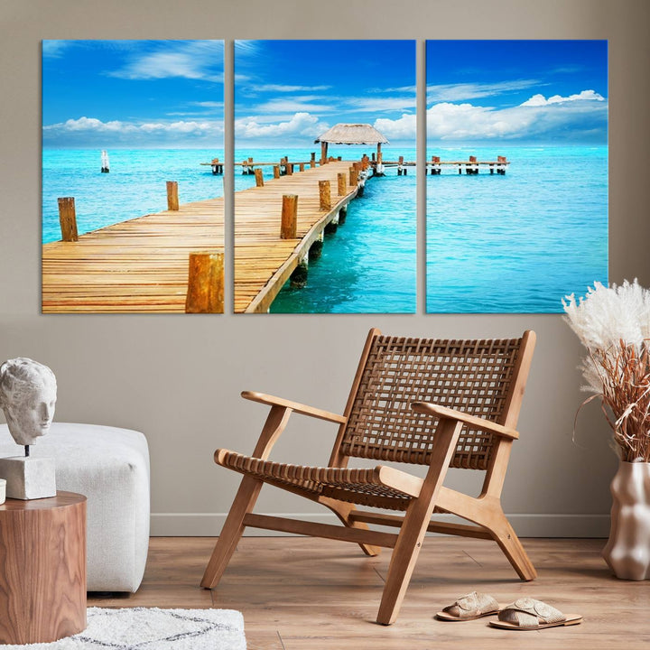 Tropical Pier Triptych Wall Art, Stunning Turquoise Ocean and Wooden Dock Canvas Print, Coastal Beach House Decor, Ocean View Canvas Art