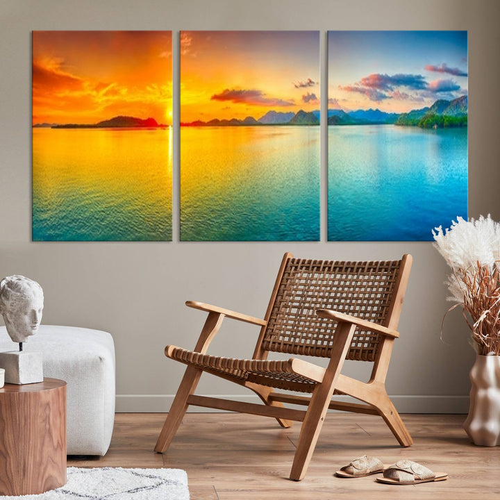 Impresión en lienzo de arte de pared grande, puesta de sol colorida, mar y montaña para decoración de sala de estar