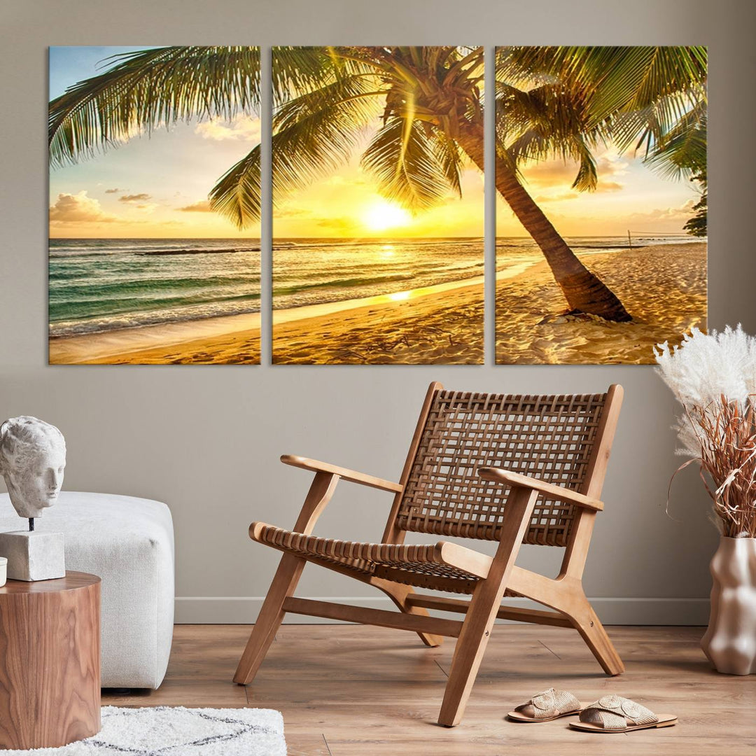 Wall Art Canvas Print Palm on Beach at Bright Sunset