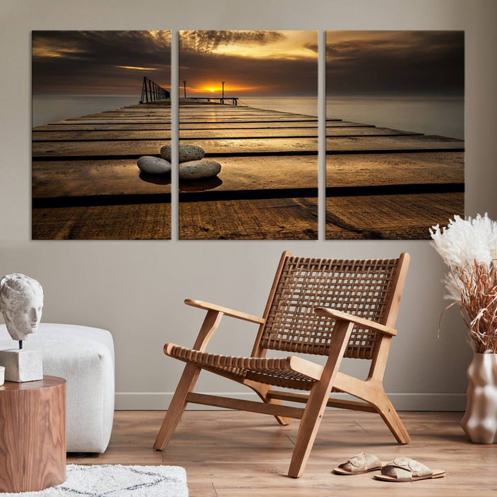 Stones on Wooden Pier at Sunset Wall Art Canvas