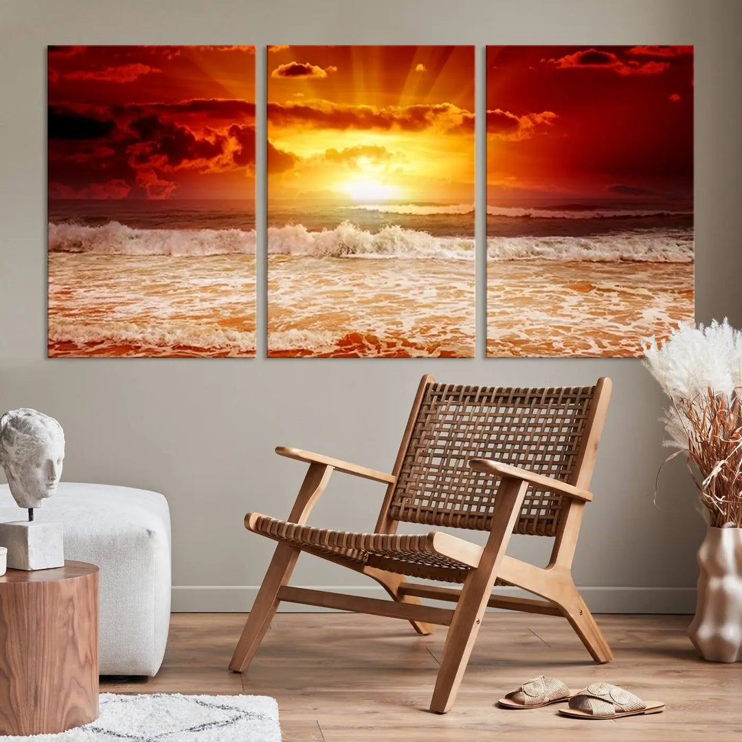 In a modern living room, the vibrant "Wall Art Canvas Perfect Sunset Turns Colour of Sea and Sky to Red," printed on museum-quality canvas, stands out. A floor lamp casts warm light over the ready-to-hang artwork, which includes a UV-protective coating to ensure lasting brilliance.