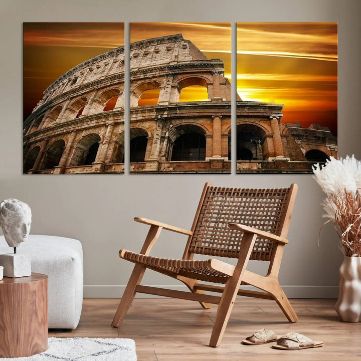 A three-panel canvas titled "Colosseum with Yellow Sunset Behind, Italy," protected with a UV-coating, is elegantly displayed.