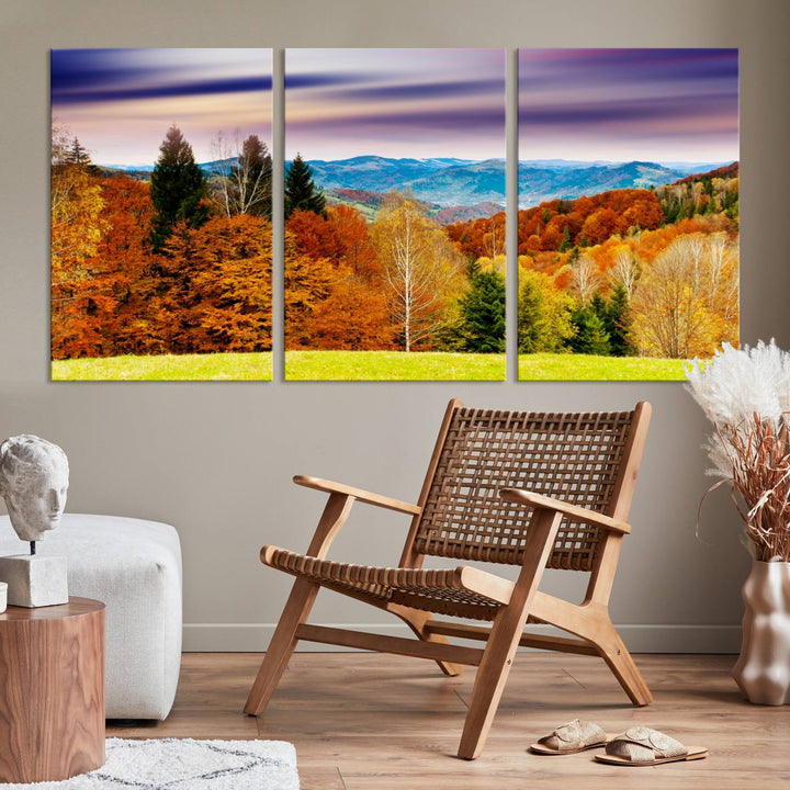 Autumn Colorful Forest Blue Mountains and Purple Sky at Sunset Wall Art Canvas Print