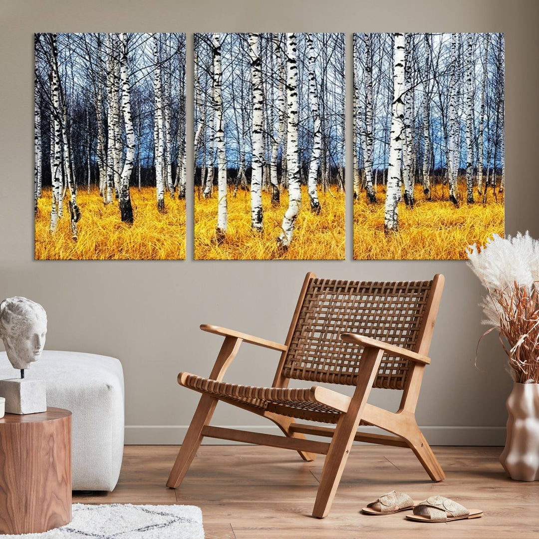 Impression d’art mural de bouleaux, art mural paysage, impression sur toile, arbres sans feuilles sur fond jaune