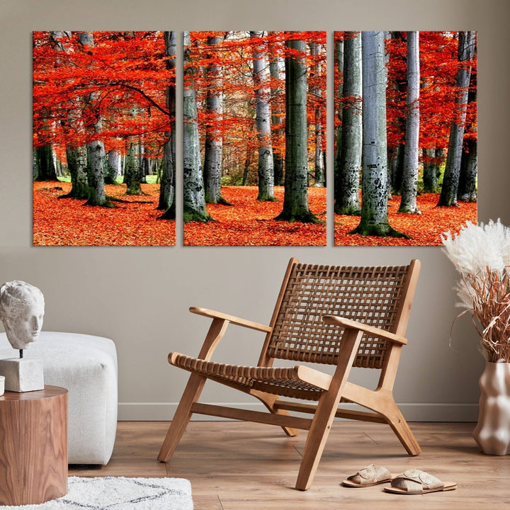 Impression sur toile de paysage d'art mural, feuilles rouges sur des arbres sur fond rouge