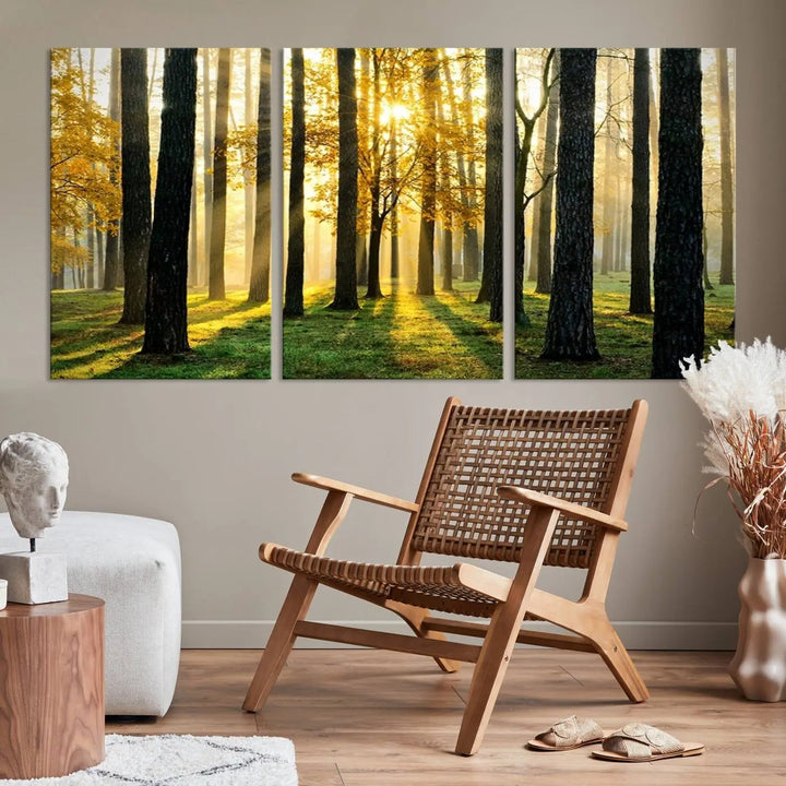 The living room is enhanced by the "Wall Art Landscape Canvas Print Tall Trees in Forest at Sunset" on museum-quality canvas. This triptych, complete with a UV-protective coating, is ready to hang and adds an artistic touch to the space.