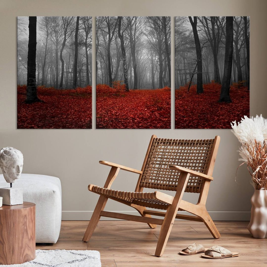 Impression sur toile de paysage d'art mural, forêt merveilleuse avec des feuilles rouges au sol