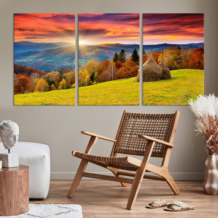 Impression sur toile de paysage d'art mural, tous les tons de vert au coucher du soleil