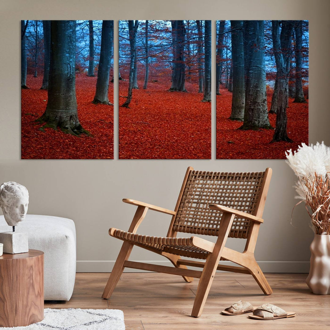 Impression sur toile de paysage d'art mural, feuilles rouges dans la forêt bleue