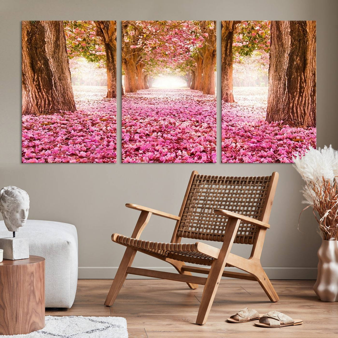 Blossom Cherry Canvas Print Walking on Pink Flowers Between Trees