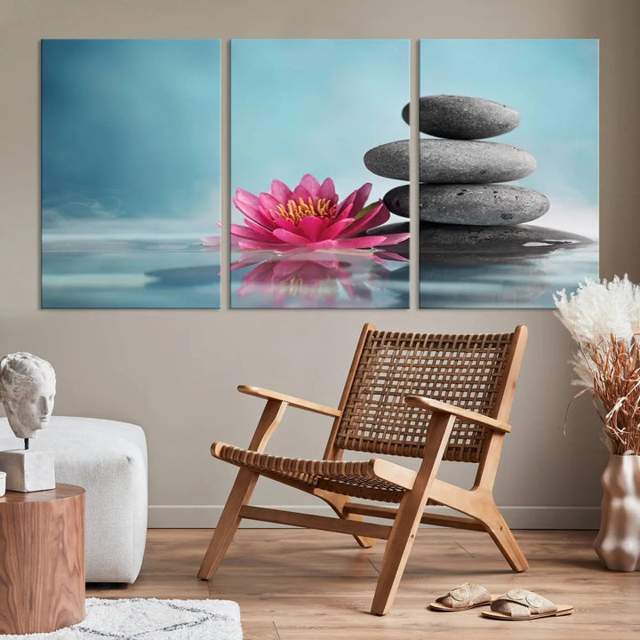 The Zen Serenity Triptych Canvas Art, featuring a lotus flower and balancing stones, perfectly captures tranquility with its serene water lily print.