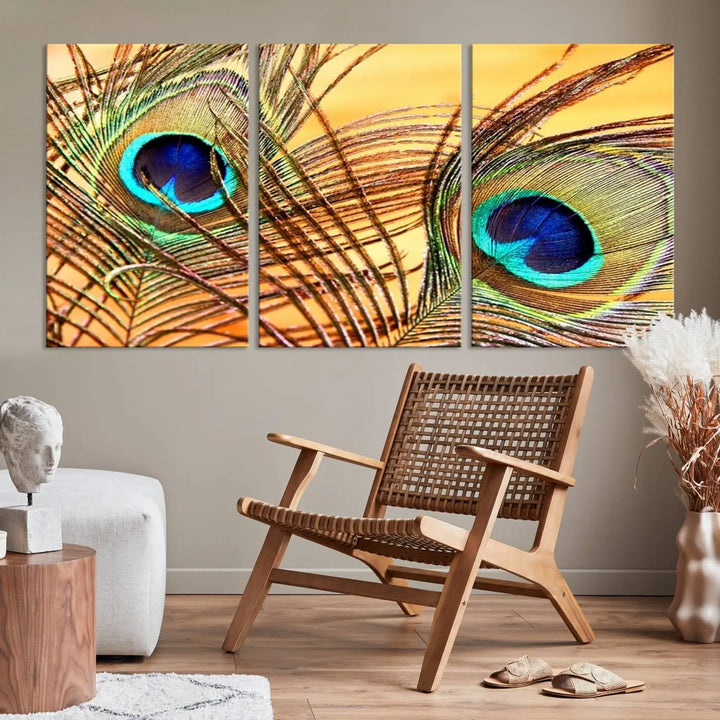 The Peacock Feather Wall Art Print, showcasing a vibrant green, blue, and orange feather design and ready to hang, adorns the space.