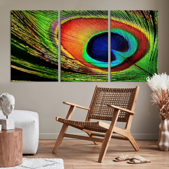 The living room features the "Colorful Peacock Feather Wall Art Print," showcasing a vibrant green, blue, and orange design elegantly displayed above a modern sofa.