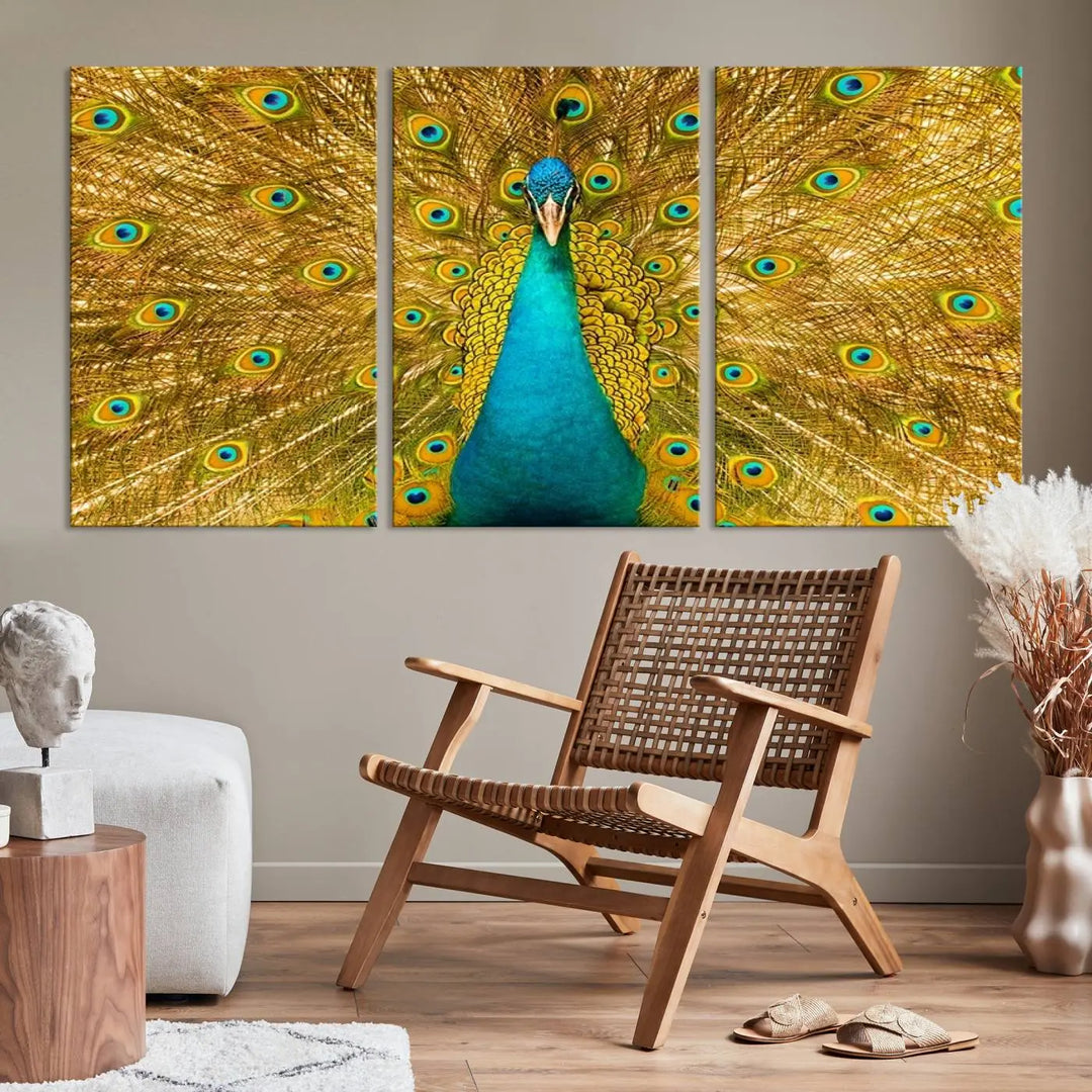 The Peacock Wall Art Canvas Print, featuring a vibrant triptych design of a peacock with intricate feather details and printed on museum-quality canvas with UV-protective coating, brings an artistic flair to the elegant space. Ready to hang, it enhances the modern living room with its striking presence.