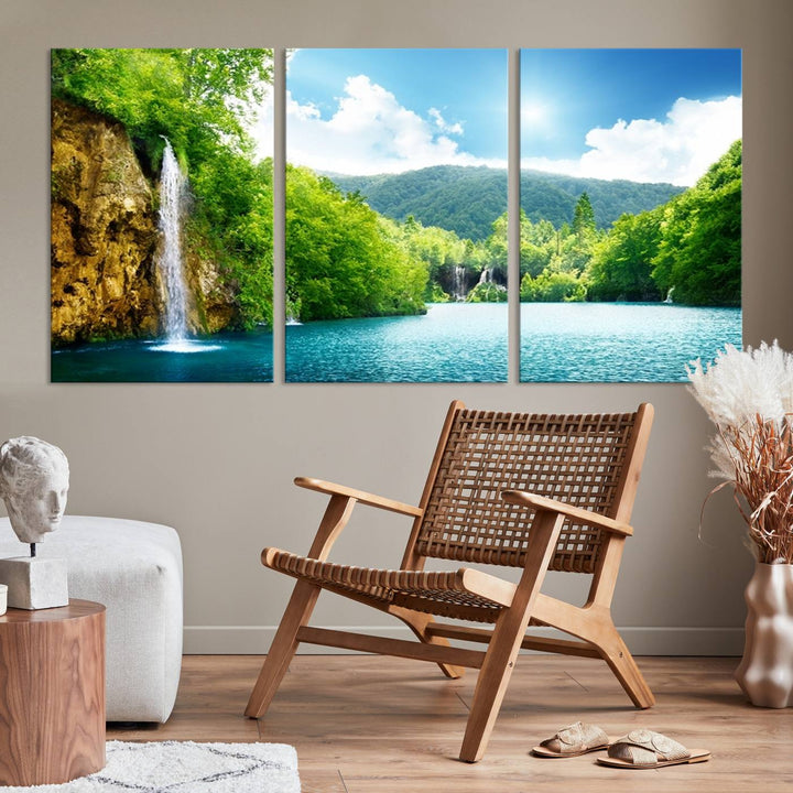 Impresión en lienzo de cascada de arte de pared grande - Grandes cascadas en el bosque con vistas a la montaña