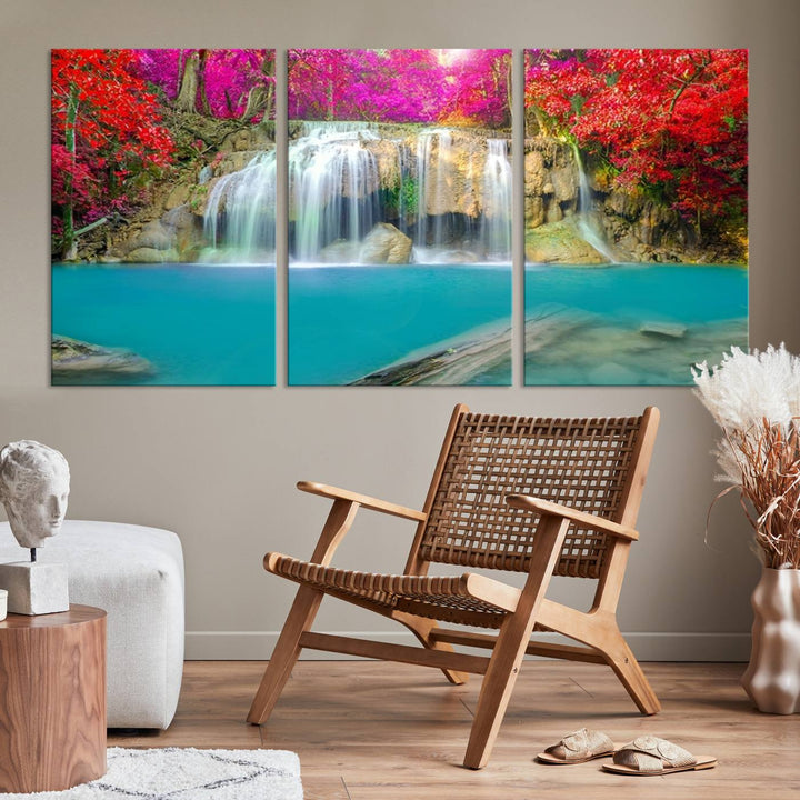 Wall Art Waterfall Landscape with Pink and Red Flowers in Forest Canvas Print