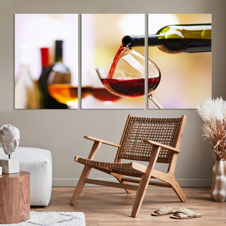 The Filling Red Wine into Glass Red Wine Canvas Print showcases a wine bottle pouring red wine into a glass. This scene, captured on museum-quality canvas, promises timeless elegance and comes with free shipping for effortless delivery to your doorstep.