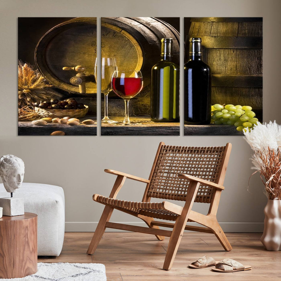 Explore the "Wall Art Red and White Wine with Bottles and Tun Canvas Print," a triptych on gallery-wrapped, museum-quality canvas. Featuring a wine barrel, bottles, and a glass of red wine, it includes a UV-protective coating for lasting vibrancy.