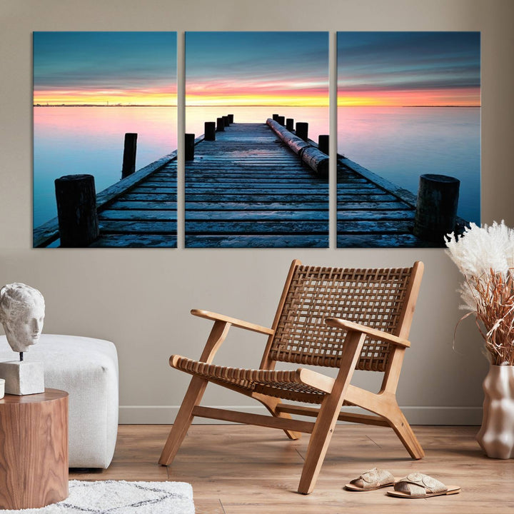 Wall Art Vintage Wooden Pier on Sea at Sunset Canvas Print