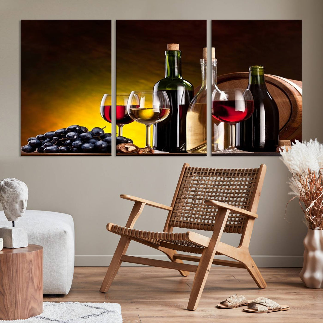 The "Red and White Wine Canvas Print" is a multi-panel design displaying bottles and glasses, adding a professional craftsman's touch to the living room.