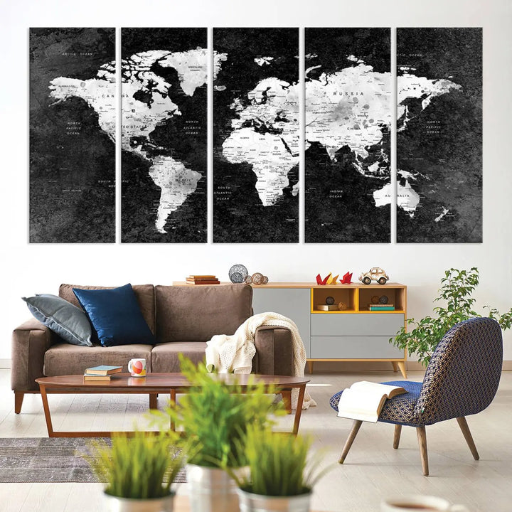 Modern Grayscale World Map 3-Panel Canvas Art | Ready to Hang, Framed | Stylish Minimalist Wall Décor for Home, Office, Living Room, or Study Spaces 