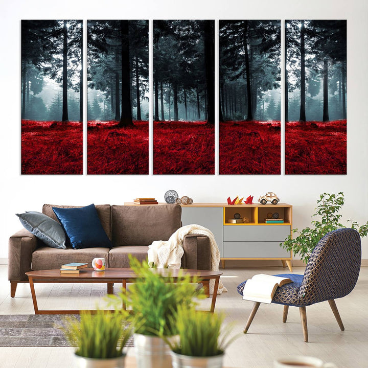 Bosque seductor con hojas rojas Impresión en lienzo Arte de pared grande Arte de lienzo de bosque Arte de paisaje de otoño Impresión de arte enmarcada