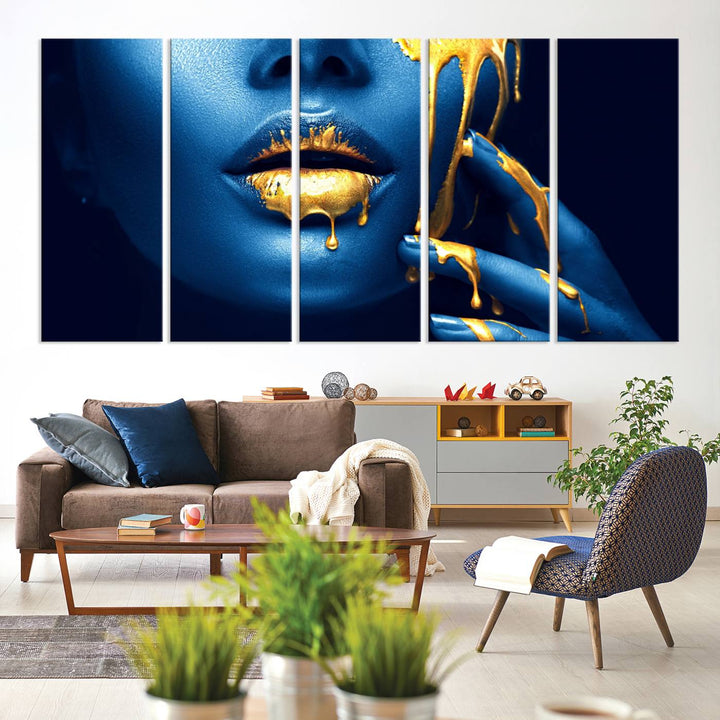 Neón Azul Oro Labios Sensual Fotografía Lienzo Pared Arte Impresión Moda Arte Belleza