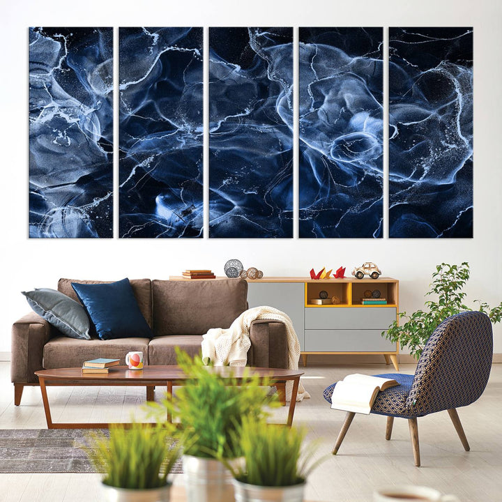 Blue Marble Smokey Effect Wall Art Abstract Canvas Wall Art Print