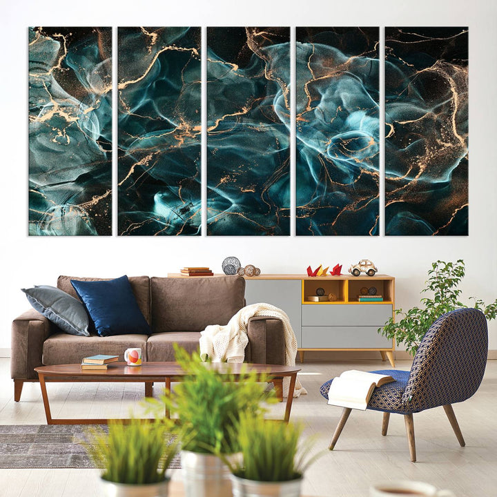 Neon Blue Marble Smokey Effect Wall Art Abstract Canvas Wall Art Print