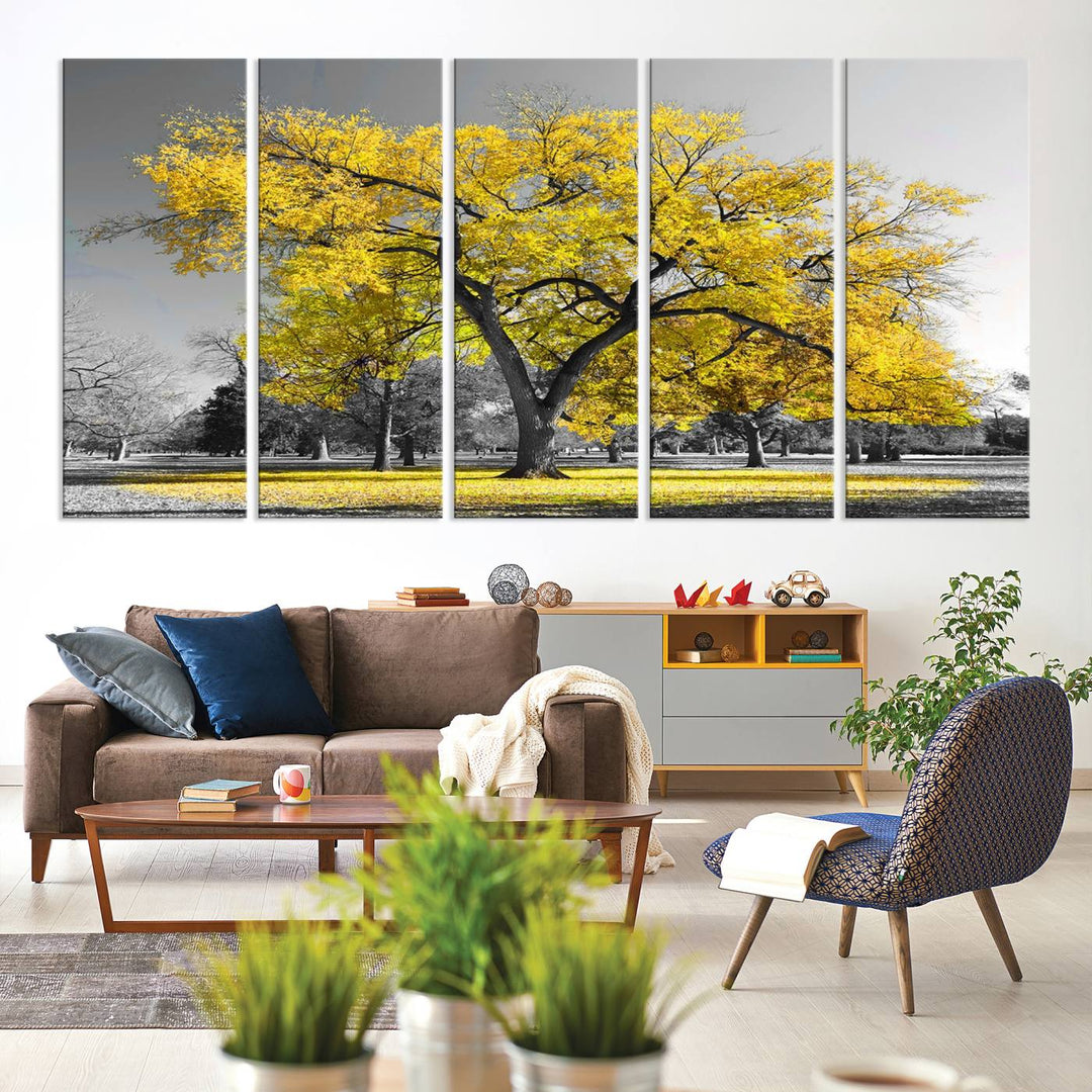 Toile murale avec grand arbre jaune, impression d'art, noir, blanc, jaune, peinture artistique