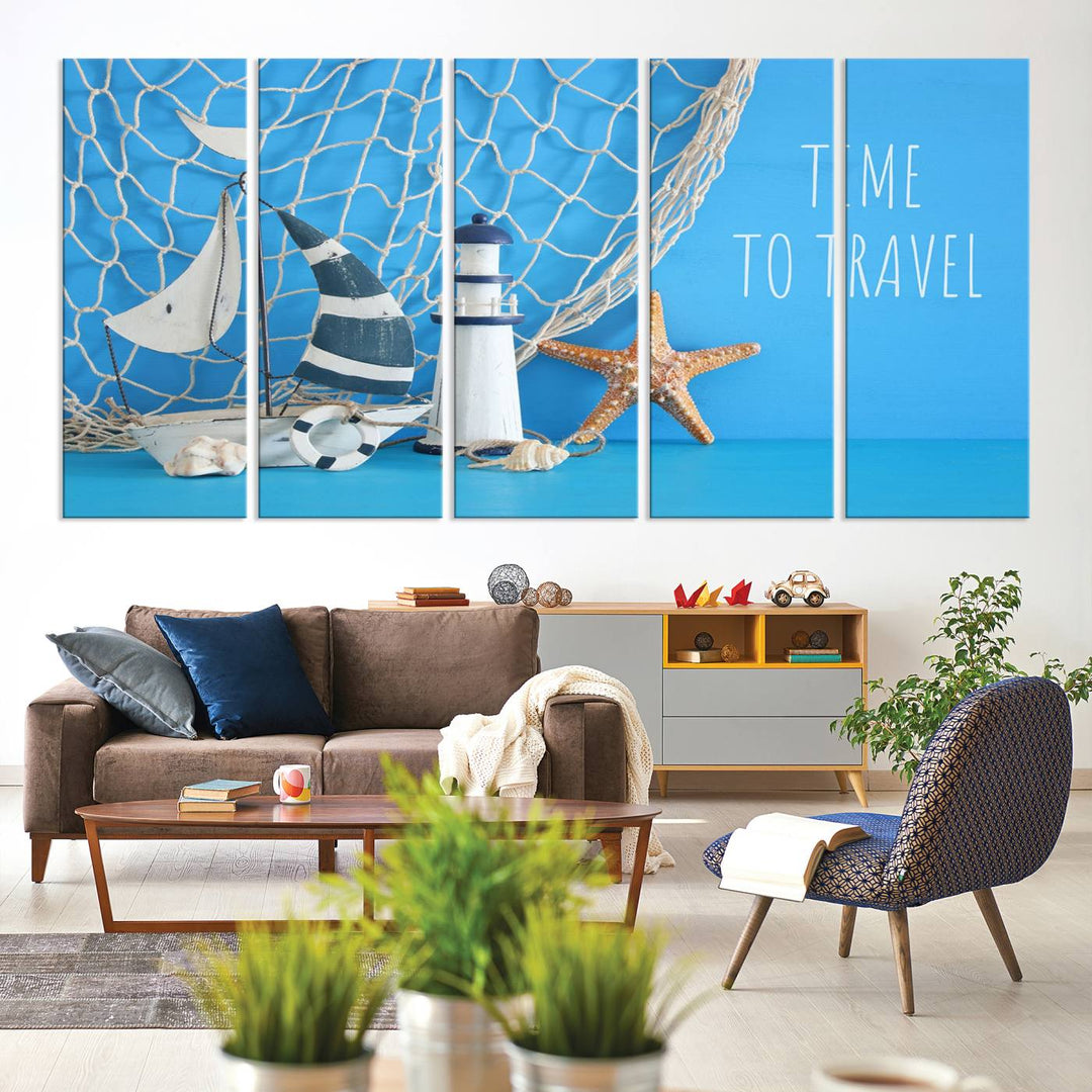 Sailing Boat Starfish and Lighthouse Wall Art Canvas Print